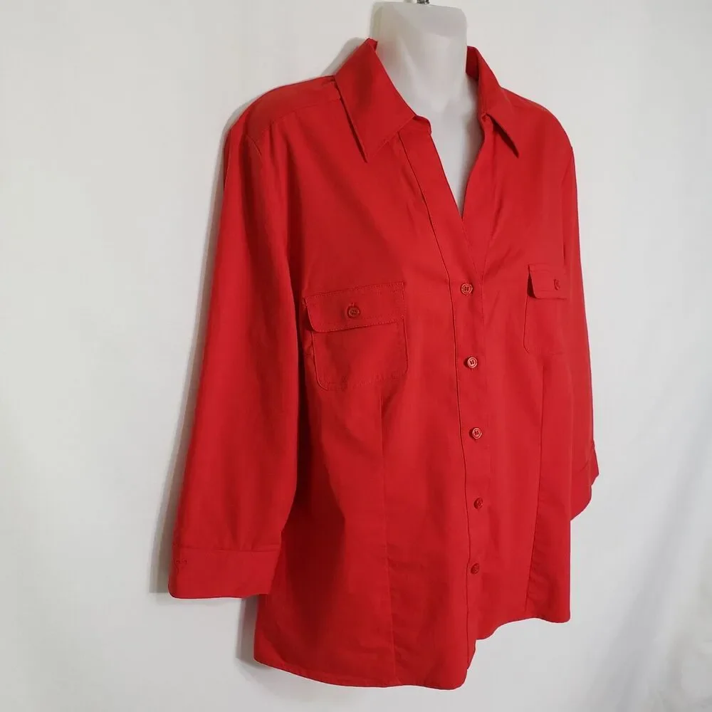 Chico's Womens Top Sz 1 Medium Red Stretch Button Front 3/4 Sleeve Flap Pockets